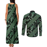 Indonesia Batik Pattern Couples Matching Tank Maxi Dress and Long Sleeve Button Shirt Green Version