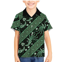 Indonesia Batik Pattern Family Matching Mermaid Dress and Hawaiian Shirt Green Version