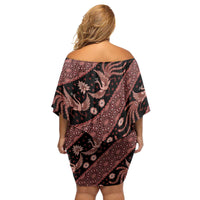 Indonesia Batik Pattern Family Matching Off Shoulder Short Dress and Hawaiian Shirt Red Version