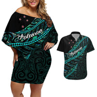 Personalised Aotearoa Couples Matching Off Shoulder Short Dress and Hawaiian Shirt Silver Fern Mix Paua Shell Polynesian Pattern LT01 Black - Polynesian Pride