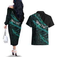 personalised-aotearoa-couples-matching-off-the-shoulder-long-sleeve-dress-and-hawaiian-shirt-silver-fern-mix-paua-shell-polynesian-pattern