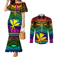 Personalised Hawaii Couples Matching Mermaid Dress and Long Sleeve Button Shirts Kanaka Maoli Kakau 2023 National Coming Out Day LT01 Black - Polynesian Pride