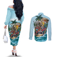 Personalized Aloha Hawaii Skeleton Couples Matching Off The Shoulder Long Sleeve Dress and Long Sleeve Button Shirt Tropical Summer Vibe