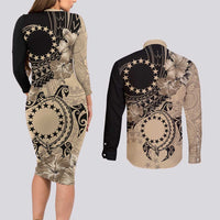 Cook Islands Turtle Couples Matching Long Sleeve Bodycon Dress and Long Sleeve Button Shirt Stars and Hibiscus - Beige