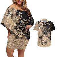 Cook Islands Turtle Couples Matching Off Shoulder Short Dress and Hawaiian Shirt Stars and Hibiscus - Beige