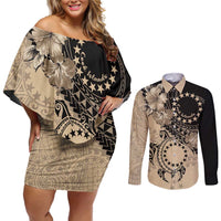 Cook Islands Turtle Couples Matching Off Shoulder Short Dress and Long Sleeve Button Shirt Stars and Hibiscus - Beige