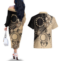 Cook Islands Turtle Couples Matching Off The Shoulder Long Sleeve Dress and Hawaiian Shirt Stars and Hibiscus - Beige