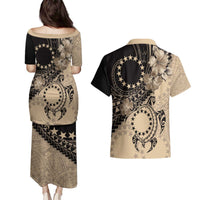 Cook Islands Turtle Couples Matching Puletasi and Hawaiian Shirt Stars and Hibiscus - Beige