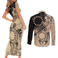 Cook Islands Turtle Couples Matching Short Sleeve Bodycon Dress and Long Sleeve Button Shirt Stars and Hibiscus - Beige