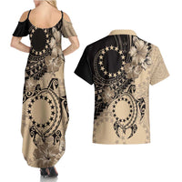 Cook Islands Turtle Couples Matching Summer Maxi Dress and Hawaiian Shirt Stars and Hibiscus - Beige
