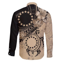 Cook Islands Turtle Family Matching Off The Shoulder Long Sleeve Dress and Hawaiian Shirt Stars and Hibiscus - Beige LT01 - Polynesian Pride