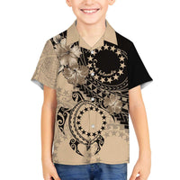 Cook Islands Turtle Family Matching Off The Shoulder Long Sleeve Dress and Hawaiian Shirt Stars and Hibiscus - Beige LT01 Son's Shirt Beige - Polynesian Pride
