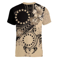 Cook Islands Turtle Women V-Neck T-Shirt Stars and Hibiscus - Beige