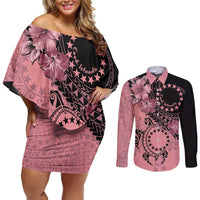 Cook Islands Turtle Couples Matching Off Shoulder Short Dress and Long Sleeve Button Shirt Stars and Hibiscus - Pink