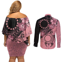 Cook Islands Turtle Couples Matching Off Shoulder Short Dress and Long Sleeve Button Shirt Stars and Hibiscus - Pink