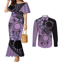 Cook Islands Turtle Couples Matching Mermaid Dress and Long Sleeve Button Shirt Stars and Hibiscus - Purple