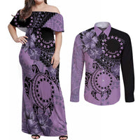 Cook Islands Turtle Couples Matching Off Shoulder Maxi Dress and Long Sleeve Button Shirt Stars and Hibiscus - Purple