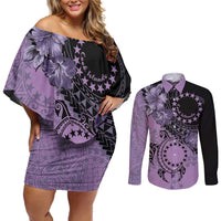 Cook Islands Turtle Couples Matching Off Shoulder Short Dress and Long Sleeve Button Shirt Stars and Hibiscus - Purple