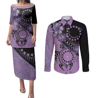 Cook Islands Turtle Couples Matching Puletasi and Long Sleeve Button Shirt Stars and Hibiscus - Purple