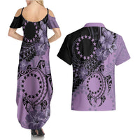 Cook Islands Turtle Couples Matching Summer Maxi Dress and Hawaiian Shirt Stars and Hibiscus - Purple