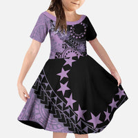 Cook Islands Turtle Family Matching Long Sleeve Bodycon Dress and Hawaiian Shirt Stars and Hibiscus - Purple LT01 Daughter's Dress Purple - Polynesian Pride