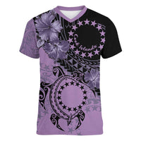 Cook Islands Turtle Women V-Neck T-Shirt Stars and Hibiscus - Purple
