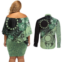 Cook Islands Turtle Couples Matching Off Shoulder Short Dress and Long Sleeve Button Shirt Stars and Hibiscus - Green