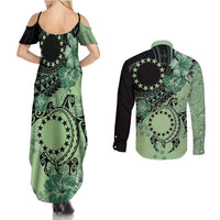 Cook Islands Turtle Couples Matching Summer Maxi Dress and Long Sleeve Button Shirt Stars and Hibiscus - Green