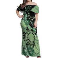 Cook Islands Turtle Off Shoulder Maxi Dress Stars and Hibiscus - Green