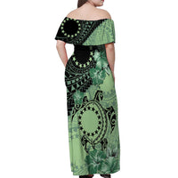 Cook Islands Turtle Off Shoulder Maxi Dress Stars and Hibiscus - Green