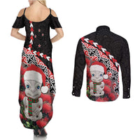 New Zealand Christmas Meri Kirihimete Couples Matching Summer Maxi Dress and Long Sleeve Button Shirt Santa Hei Tiki Pohutukawa