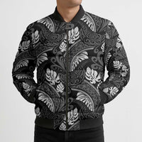 Grayscale Monstera Bomber Puffer Jacket Polynesian Tribal Pattern - Polynesian Pride