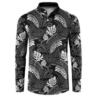 Grayscale Monstera Button Sweatshirt Polynesian Tribal Pattern - Polynesian Pride