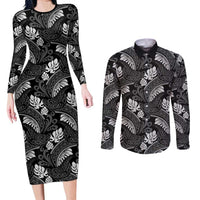 Grayscale Monstera Couples Matching Long Sleeve Bodycon Dress and Long Sleeve Button Shirt Polynesian Tribal Pattern - Polynesian Pride