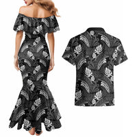 Grayscale Monstera Couples Matching Mermaid Dress and Hawaiian Shirt Polynesian Tribal Pattern - Polynesian Pride
