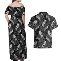 Grayscale Monstera Couples Matching Off Shoulder Maxi Dress and Hawaiian Shirt Polynesian Tribal Pattern - Polynesian Pride