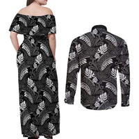 Grayscale Monstera Couples Matching Off Shoulder Maxi Dress and Long Sleeve Button Shirt Polynesian Tribal Pattern - Polynesian Pride