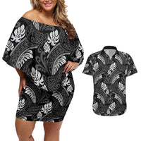 Grayscale Monstera Couples Matching Off Shoulder Short Dress and Hawaiian Shirt Polynesian Tribal Pattern - Polynesian Pride