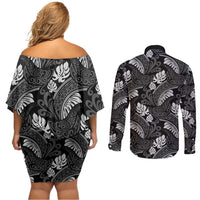 Grayscale Monstera Couples Matching Off Shoulder Short Dress and Long Sleeve Button Shirt Polynesian Tribal Pattern - Polynesian Pride