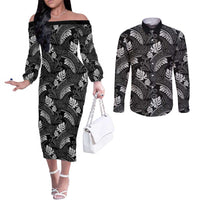 Grayscale Monstera Couples Matching Off The Shoulder Long Sleeve Dress and Long Sleeve Button Shirt Polynesian Tribal Pattern - Polynesian Pride