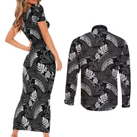 Grayscale Monstera Couples Matching Short Sleeve Bodycon Dress and Long Sleeve Button Shirt Polynesian Tribal Pattern - Polynesian Pride