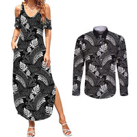 Grayscale Monstera Couples Matching Summer Maxi Dress and Long Sleeve Button Shirt Polynesian Tribal Pattern - Polynesian Pride
