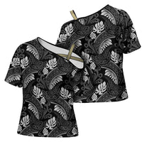 Grayscale Monstera Cross Shoulder Shirt Polynesian Tribal Pattern - Polynesian Pride