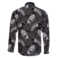 Grayscale Monstera Family Matching Off The Shoulder Long Sleeve Dress and Hawaiian Shirt Polynesian Tribal Pattern - Polynesian Pride