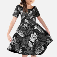 Grayscale Monstera Family Matching Short Sleeve Bodycon Dress and Hawaiian Shirt Polynesian Tribal Pattern - Polynesian Pride