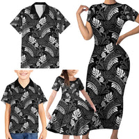 Grayscale Monstera Family Matching Short Sleeve Bodycon Dress and Hawaiian Shirt Polynesian Tribal Pattern - Polynesian Pride