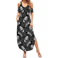 Grayscale Monstera Family Matching Summer Maxi Dress and Hawaiian Shirt Polynesian Tribal Pattern - Polynesian Pride