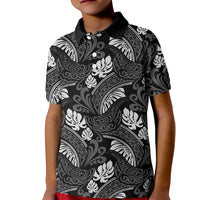 Grayscale Monstera Kid Polo Shirt Polynesian Tribal Pattern - Polynesian Pride