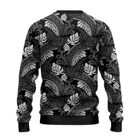 Grayscale Monstera Ugly Christmas Sweater Polynesian Tribal Pattern - Polynesian Pride
