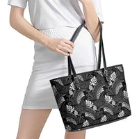 Grayscale Monstera Leather Tote Bag Polynesian Tribal Pattern - Polynesian Pride
